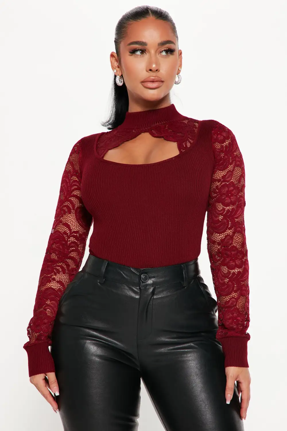 Love And Lace Mock Neck Sweater - Burgundy