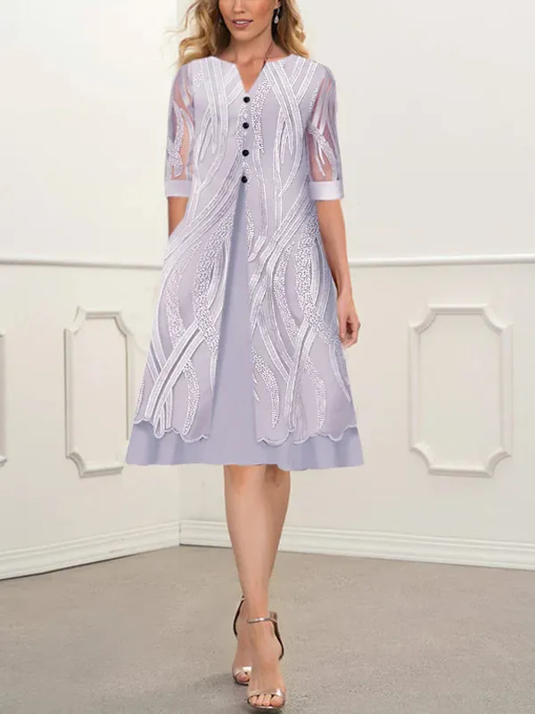 Printed V-Neck Pocket Short Sleeve Dress