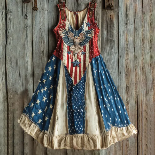 Women's Vintage Independence Day Flag Eagle Graphics Art Linen Tank Dress
