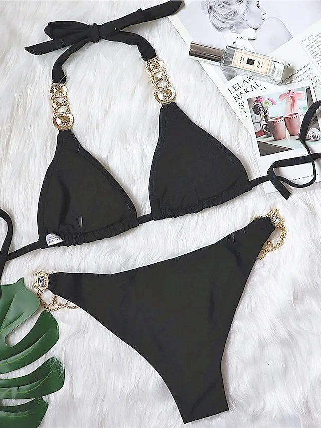 Women's Swimwear Bikini 2 Piece Normal Swimsuit Glitter Solid Color Black White Yellow Red Blue Plunge Bathing Suits Sexy Vacation Fashion