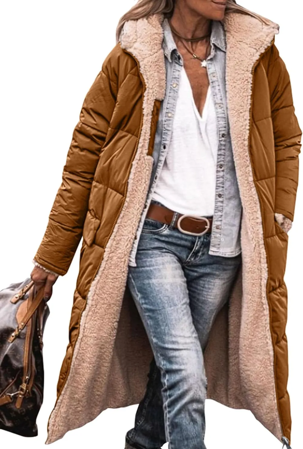 Women's 2023 Warm Winter Coats Reversible Sherpa Fleece Long Hooded Puffer Jackets Outerwear