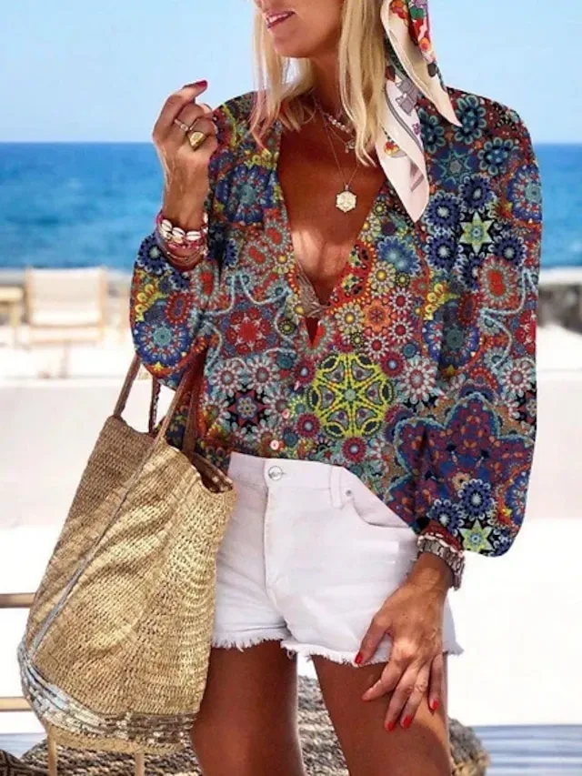 Women's Shirt Blouse White Navy Blue Rainbow Graphic Floral Print Long Sleeve Casual Daily Vintage Tropical Shirt Collar Regular Floral S