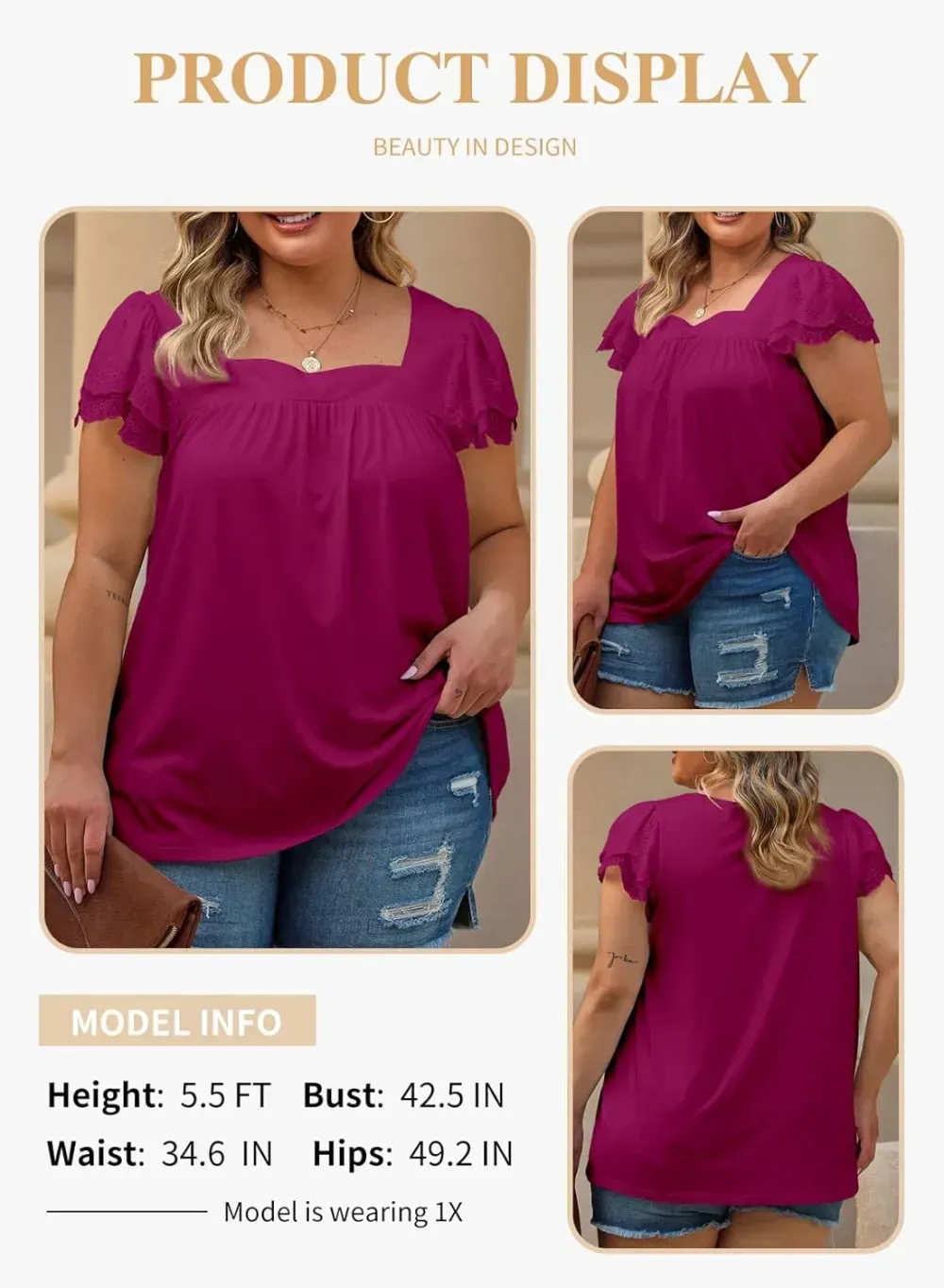 Eytino Womens Plus Size Tops Ruffle Short Sleeve Square Neck Summer Loose Casual Tee Shirts(1X-5X)