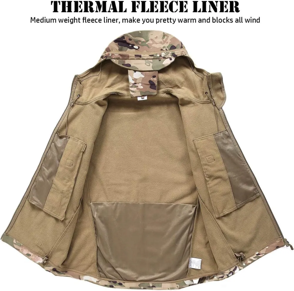 Men's Soft Shell Military Tactical Jacket Outdoor Camouflage Hunting Fleece Hooded Coat