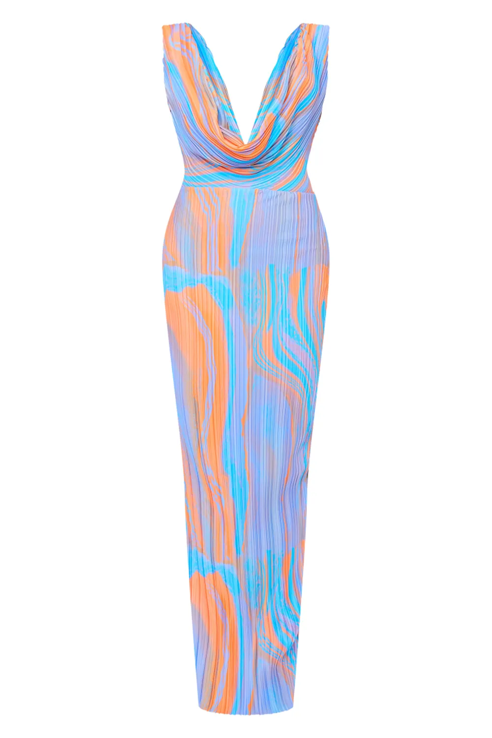 Orange Abstract Print Plisse Cowl Plunge Maxi Dress