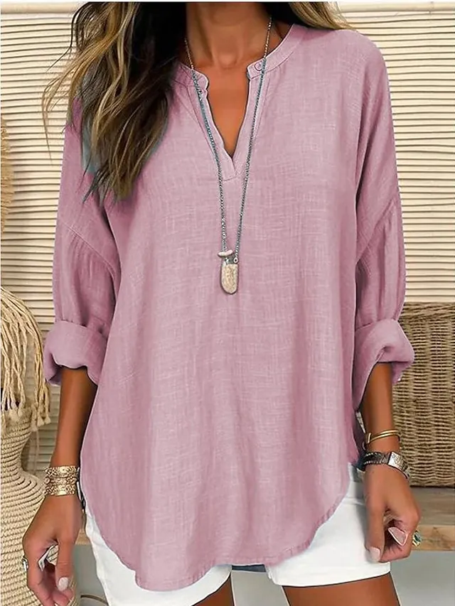 Women's Shirt Blouse Linen Casual Daily Pink Long Sleeve Solid Basic V Neck Spring Fall