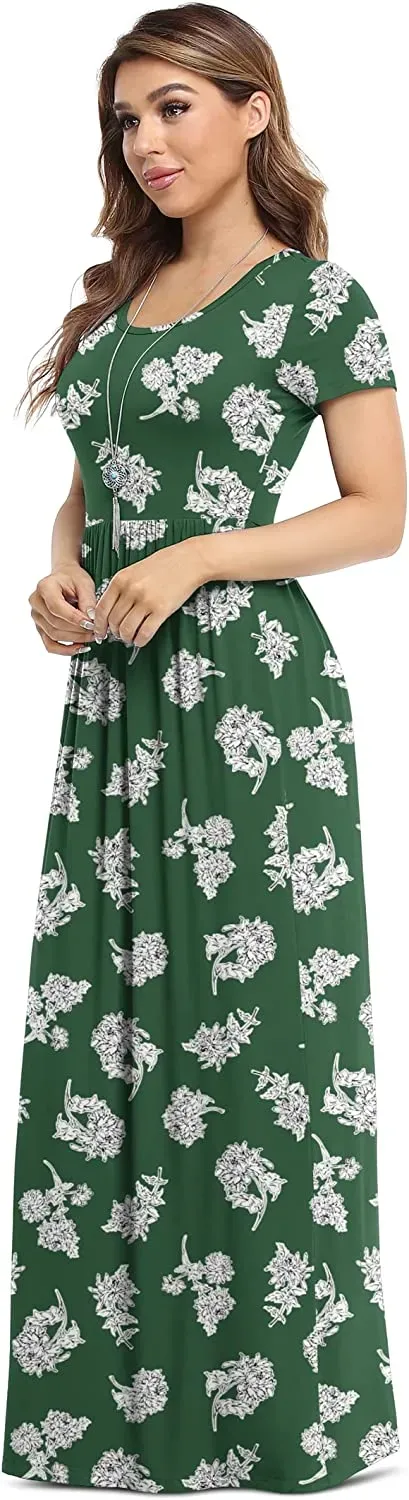 Women's Short Sleeve Loose Plain Maxi Dresses Casual Long Dresses with Pockets