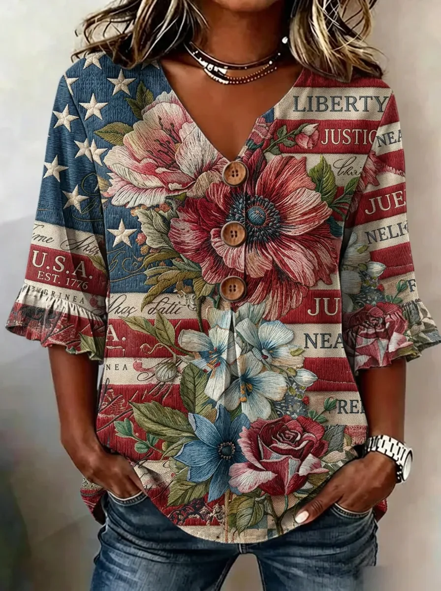 Women's Nashville USA Flag Floral Printed V-Neck Button Top
