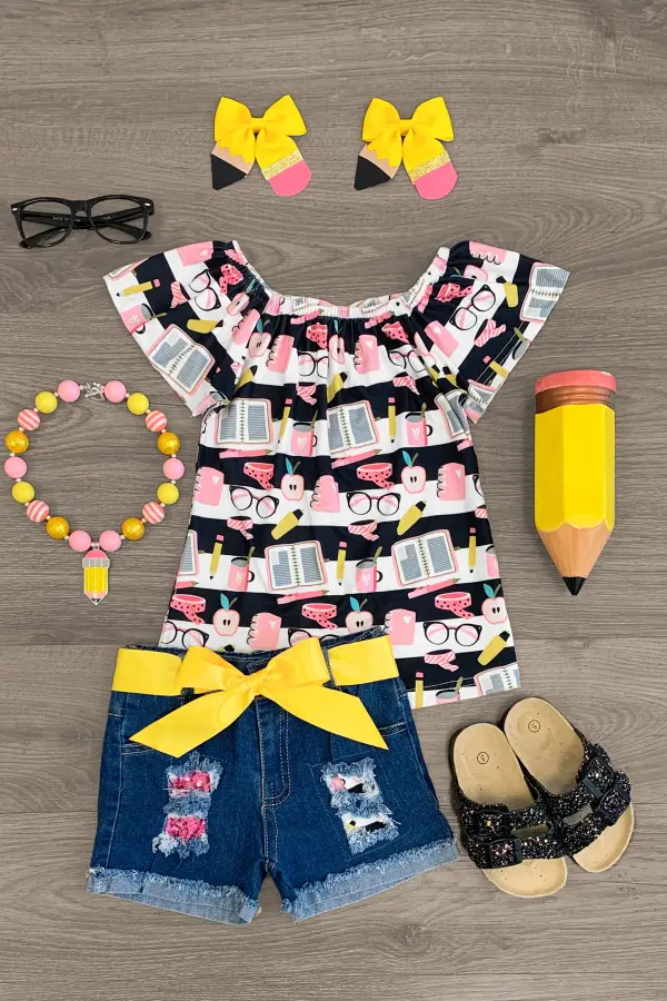 Pink & Yellow School Stripe Denim Short Set