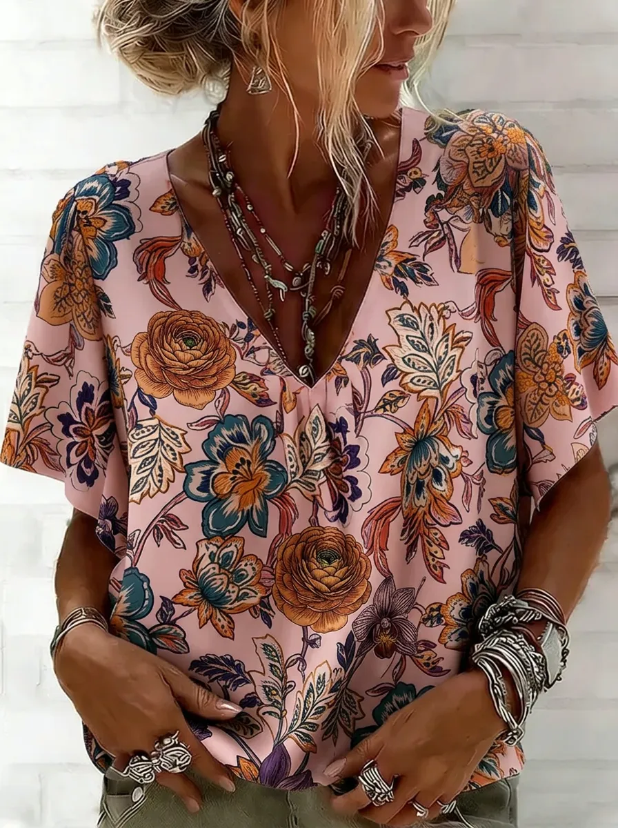 Women's Nashville Floral Pattern V-Neck Printed Top