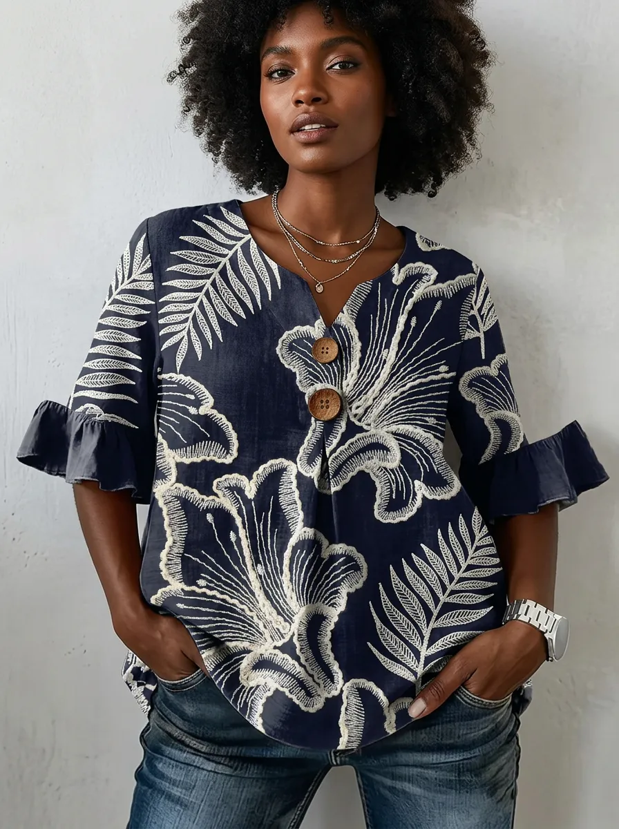 Women's Nashville Floral Fern Botanical Printed Ruffle Sleeve Top
