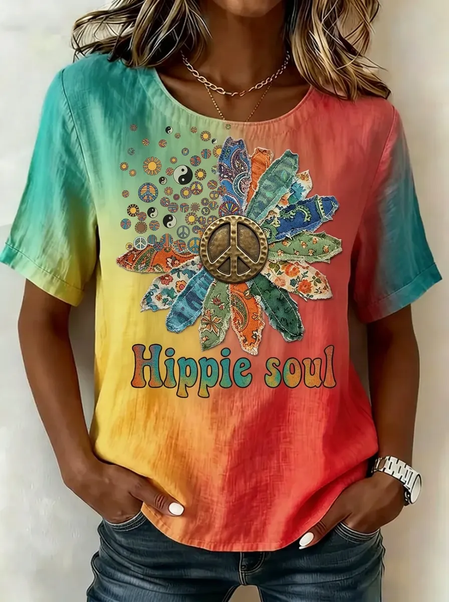 Women's Nashville Hippie Soul Peace Sign Flower Printed T-shirt