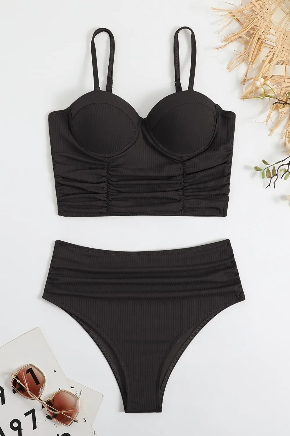 Women's Pleated High Waist Bikini Swimsuit Set