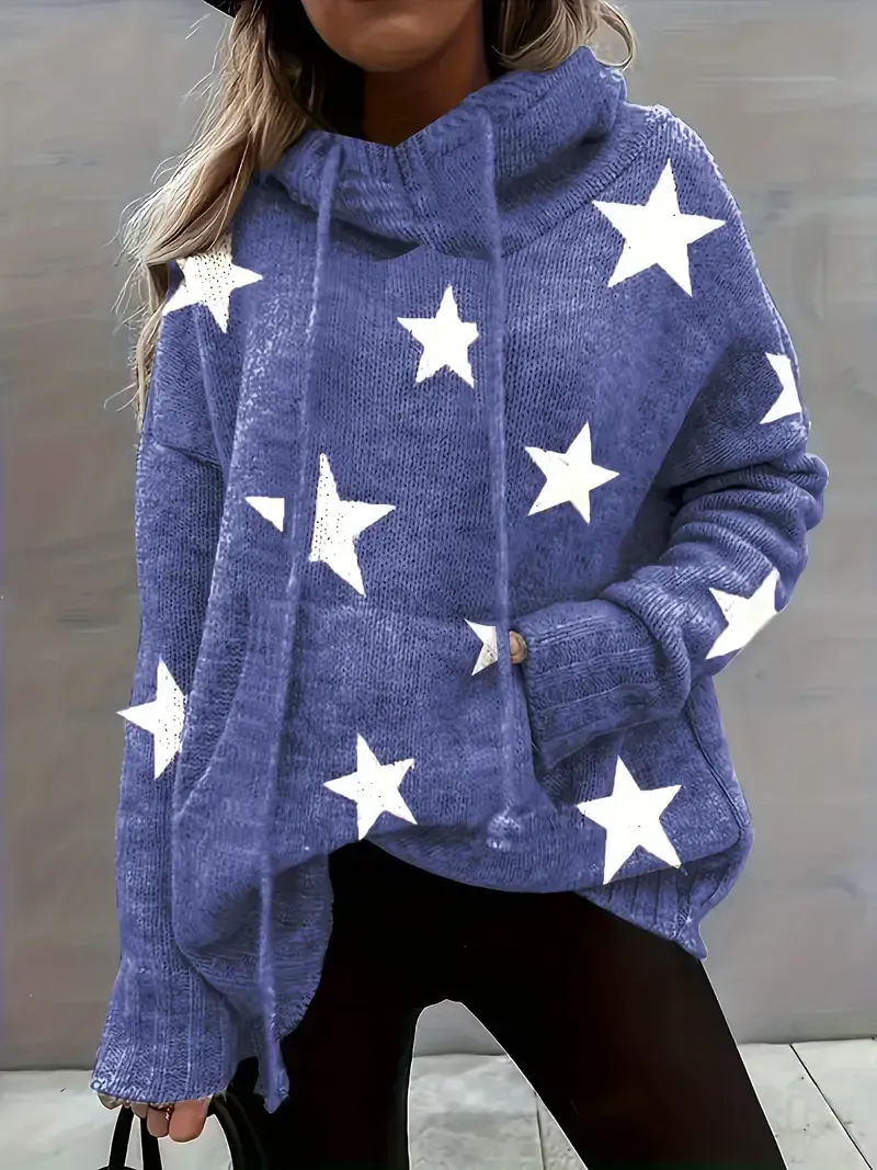 Plus Size Casual Sweater, Women's Plus Star Print Long Sleeve Drawstring Hoodie Sweater With Pockets