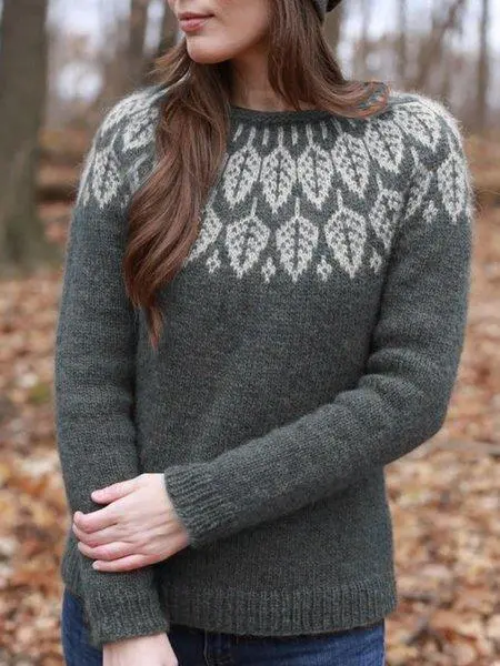 Knitted Printed Casual Crew Neck Sweater