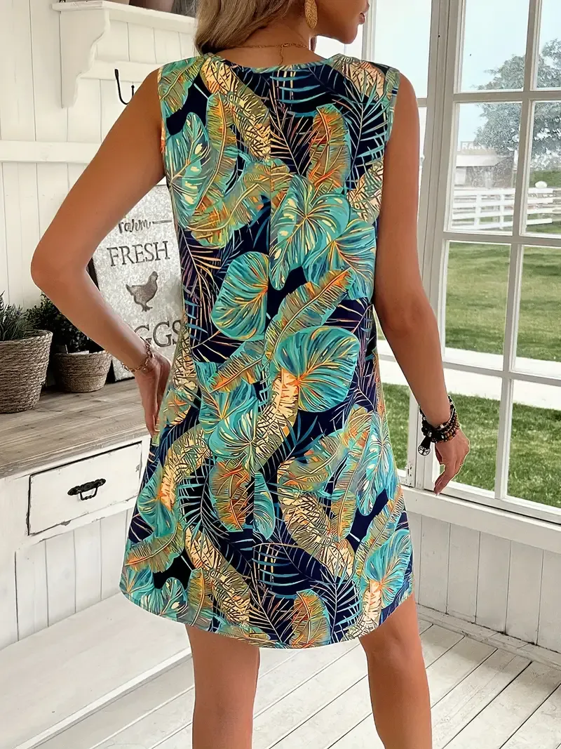 Tropical Leaf Print Sleeveless Tank Dress, Elegant Crew Neck A-line Tank Dress For Spring & Summer, Women's Clothing