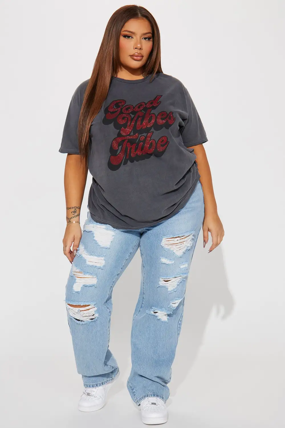 Good Vibes Tribe Rhinestone Tshirt - Charcoal