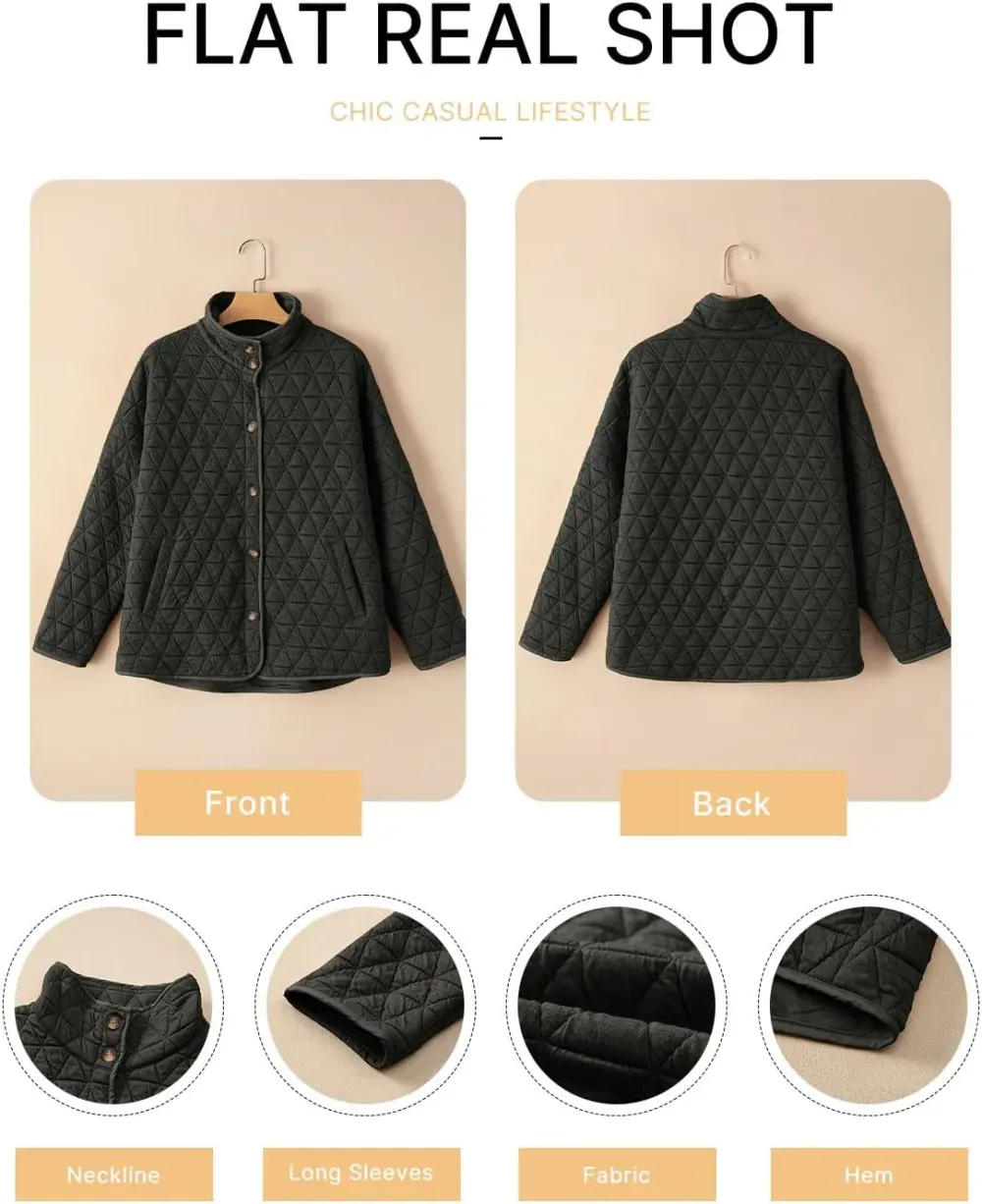 Women's Lightweight Diamond Quilted Jacket Casual Winter Open Front Button Down Puffer Coat Outwear Cardigan