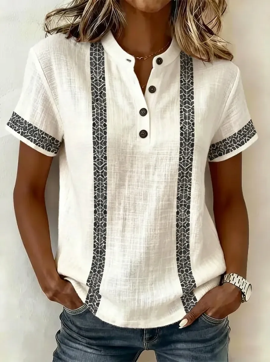 Women's Nashville Travel Geometric Striped Printed Henley Shirt
