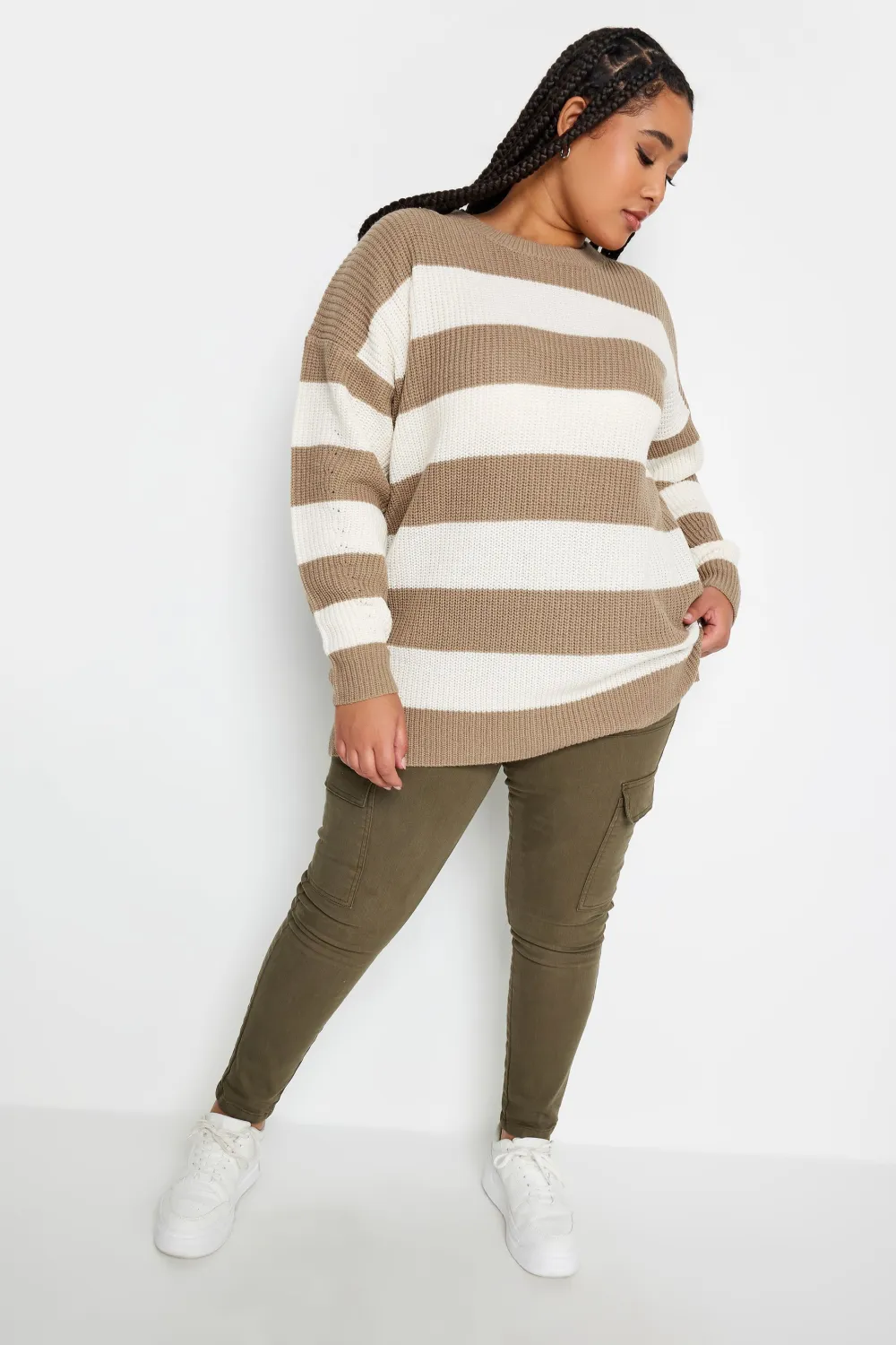 YOURS Curve Brown Stripe Ribbed Knit Jumper