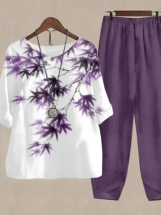 Women's Shirt Pants Sets Army Green Blue Purple Floral Print Half Sleeve Holiday Weekend Basic Round Neck Regular Fit Fall & Winter