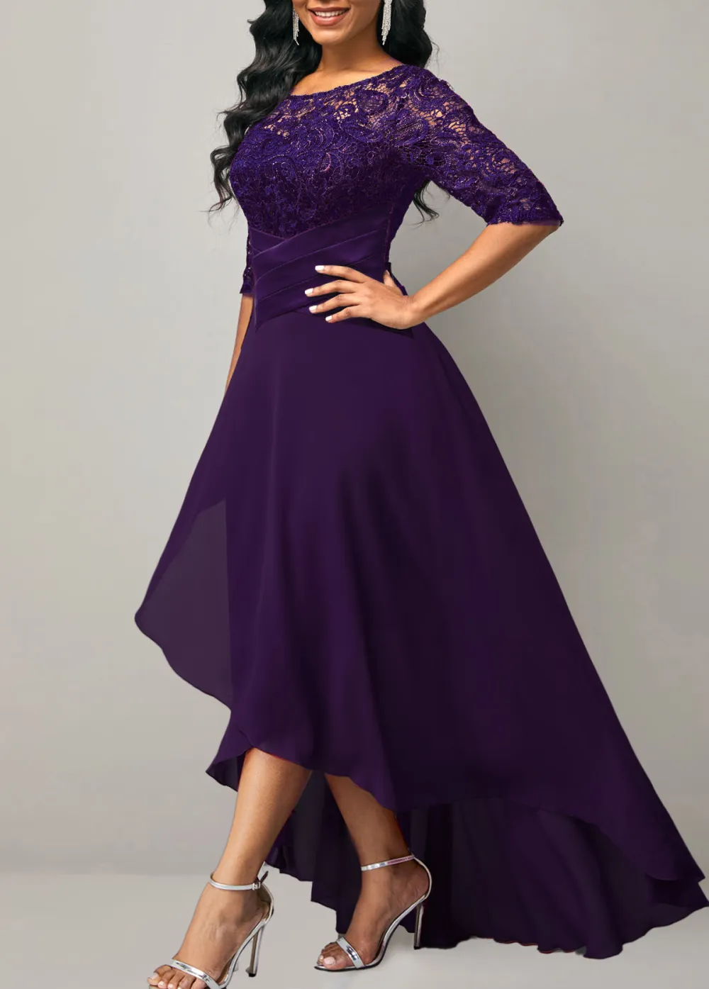 Half Sleeve Purple Lace Panel Dress