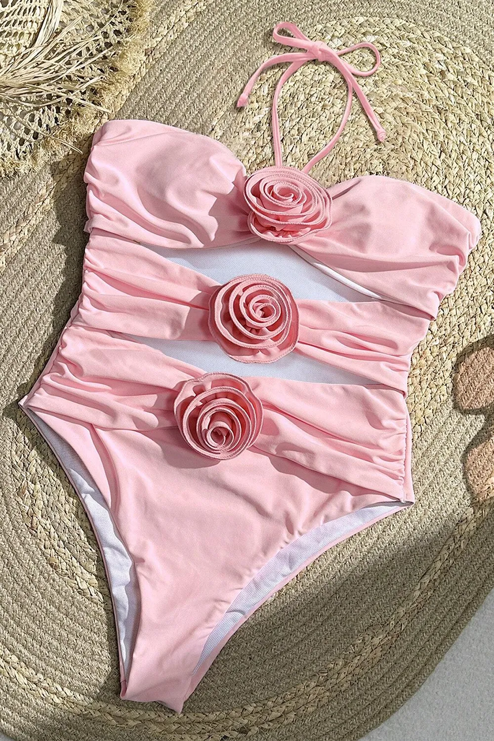 Bikinx Monochrome Halter Neck 3d Flower Decoration Sexy One-piece Swimsuit