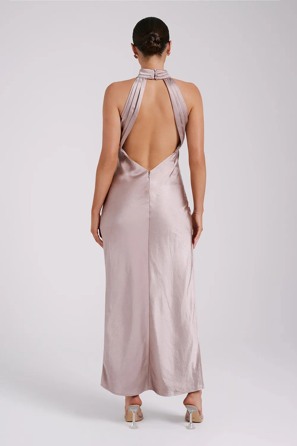 Satin Drape Back Maxi Dress with Split - Black