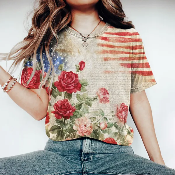 Vintage Rose & Declaration Of Independence Signature Print Women's T-shirt