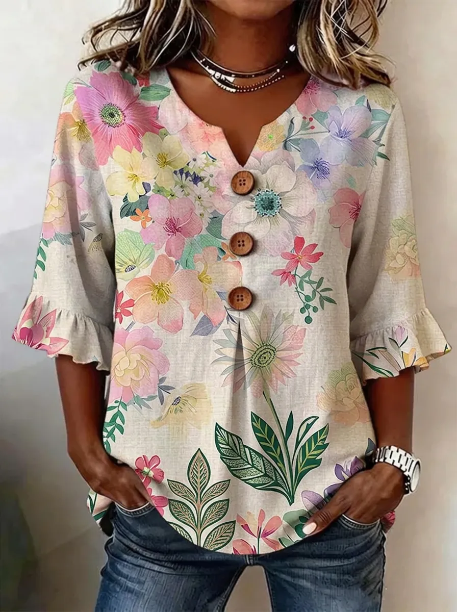 Women's Nashville Floral Botanical Printed V-Neck Button Top