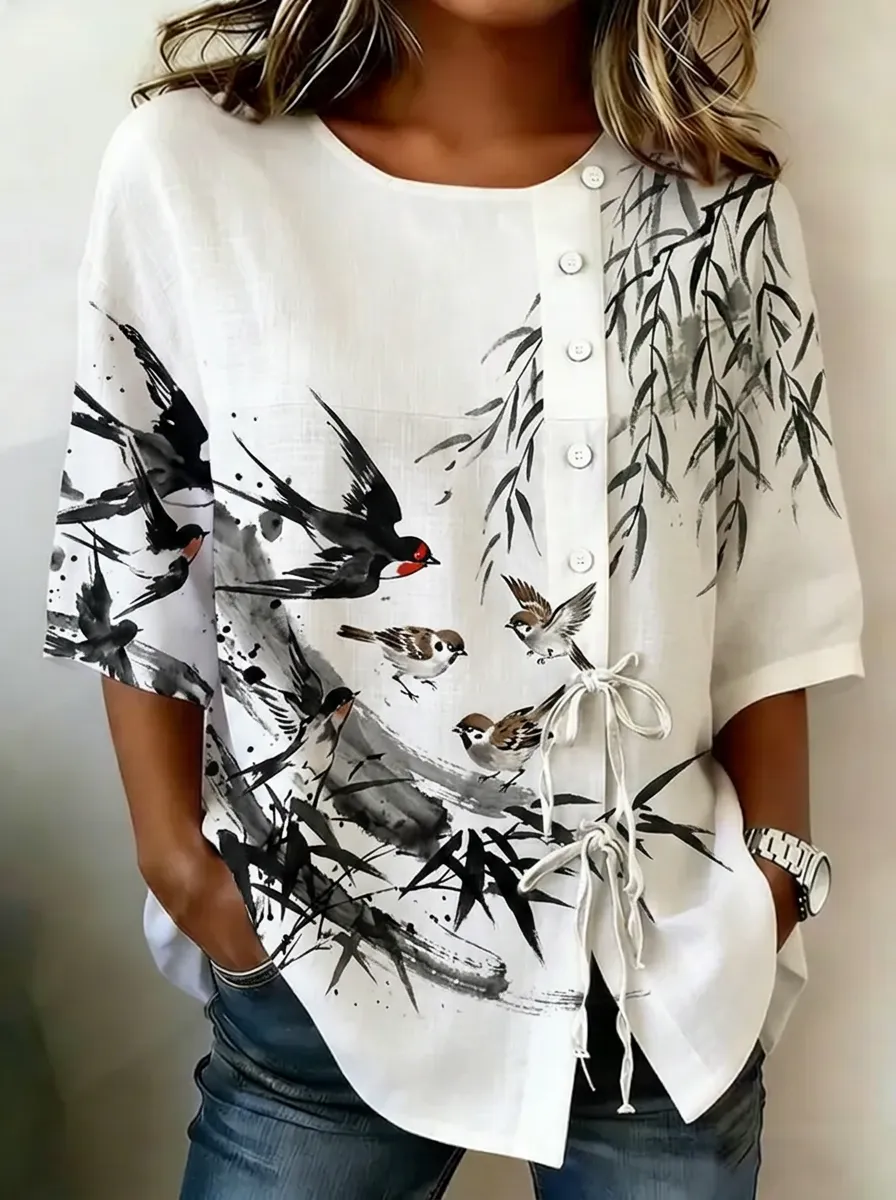 Women's Nashville Bird Ink Wash Painting Printed Top