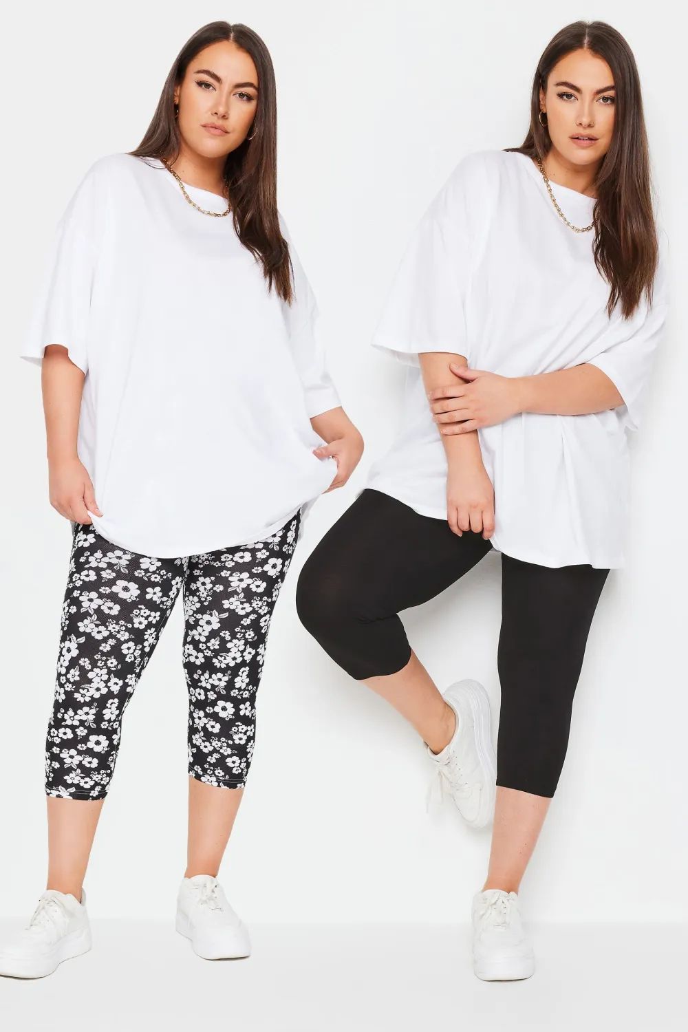 YOURS Curve 2 PACK Black & White Ditsy Floral Print Cropped Leggings