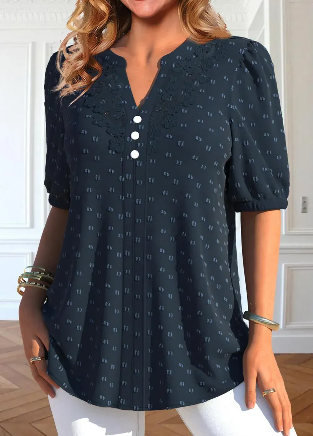 Navy Button Short Sleeve Split Neck Blouse
