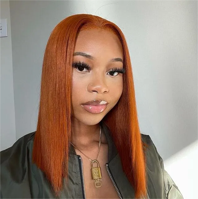 Sterly Straight Colored Short Bob Wig Orange Ginger Lace Front Human Hair Wigs For Black Women
