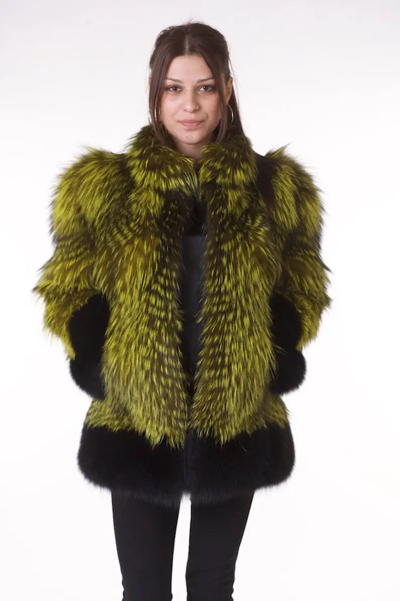 Lime Green and Black Fox Fur Coat Women’s