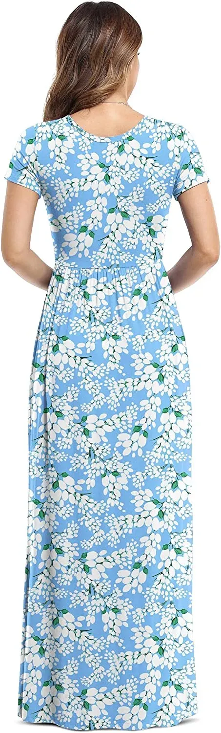 Women's Short Sleeve Loose Plain Maxi Dresses Casual Long Dresses with Pockets