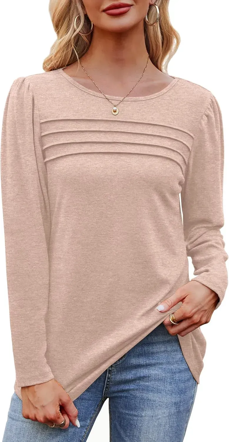 OFEEFAN Long Sleeve Shirts for Women Fall Fashion 2024 Dressy Casual Blouses Trendy Pleated Tunic Tops for Leggings