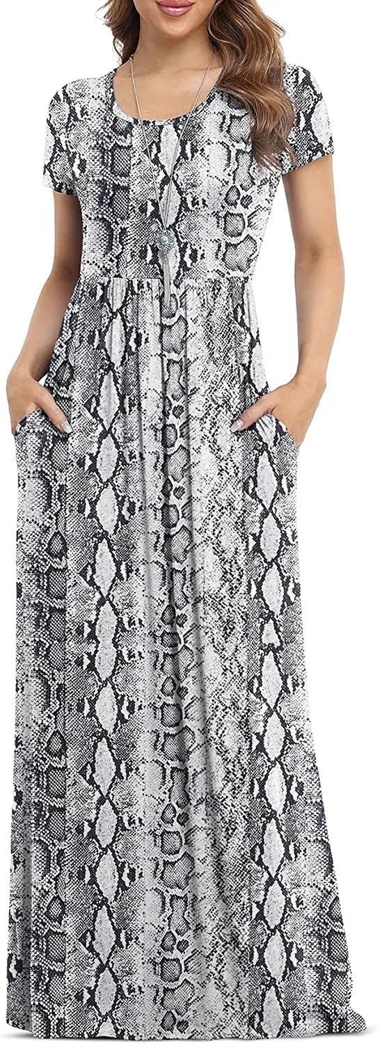 Women's Short Sleeve Loose Plain Maxi Dresses Casual Long Dresses with Pockets