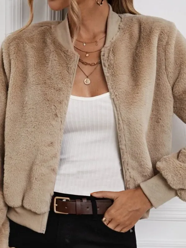 Angora-Blend Plain Casual Teddy Jacket