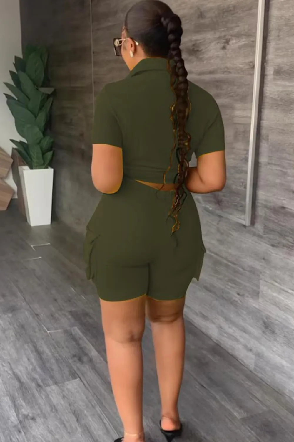 Letter Print Solid Color Blouse With Trendy Cargo Shorts Set