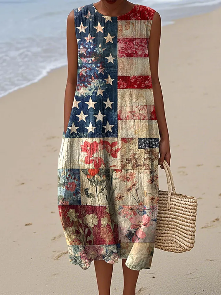 Vintage American Flag  Independence Day 4th Of July Peaceinwar Art Linen Tank Dress