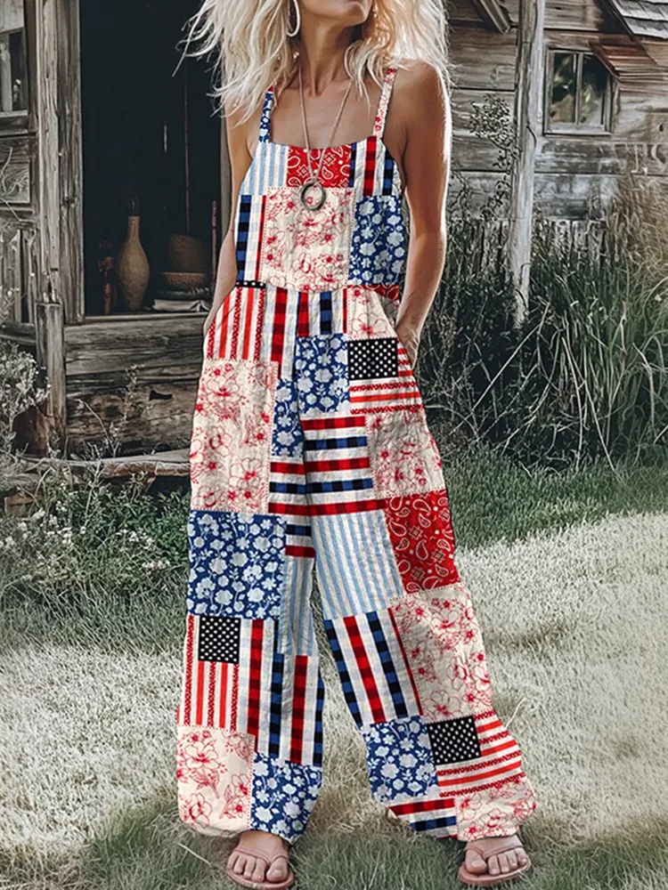 Women's Independence Day American Flag Patch Floral & Paisley Patchwork Linen Print Cotton Linen Jumpsuit