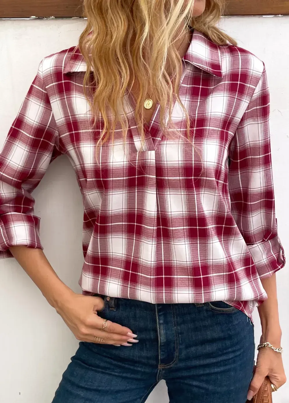 Wine Red Split Plaid Long Sleeve Blouse