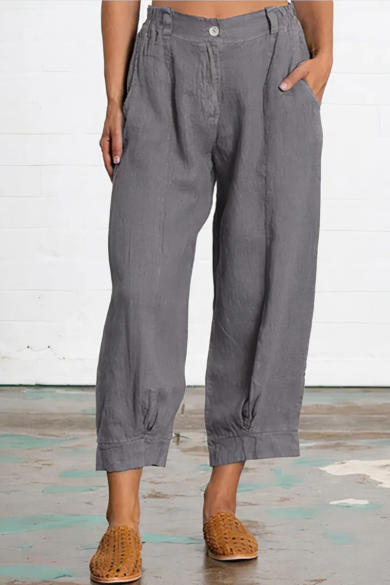 Solid Slant Pocket Elastic Waist Crop Pants