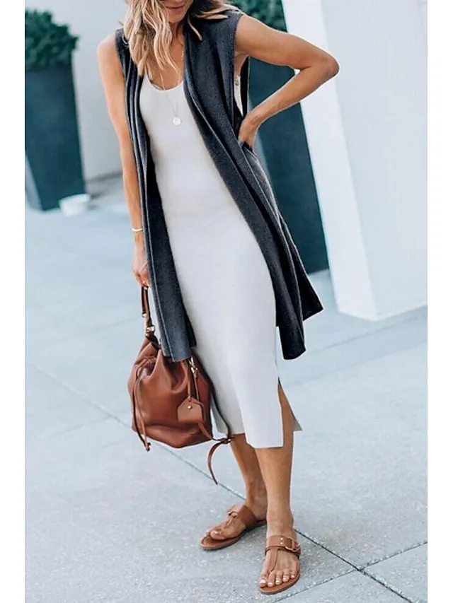 Women's Cardigan Knitted Solid Color Basic Casual Sleeveless Regular Fit  Cardigans Open Front Spring Summer Red Wine Dark Blue Orange / Going out