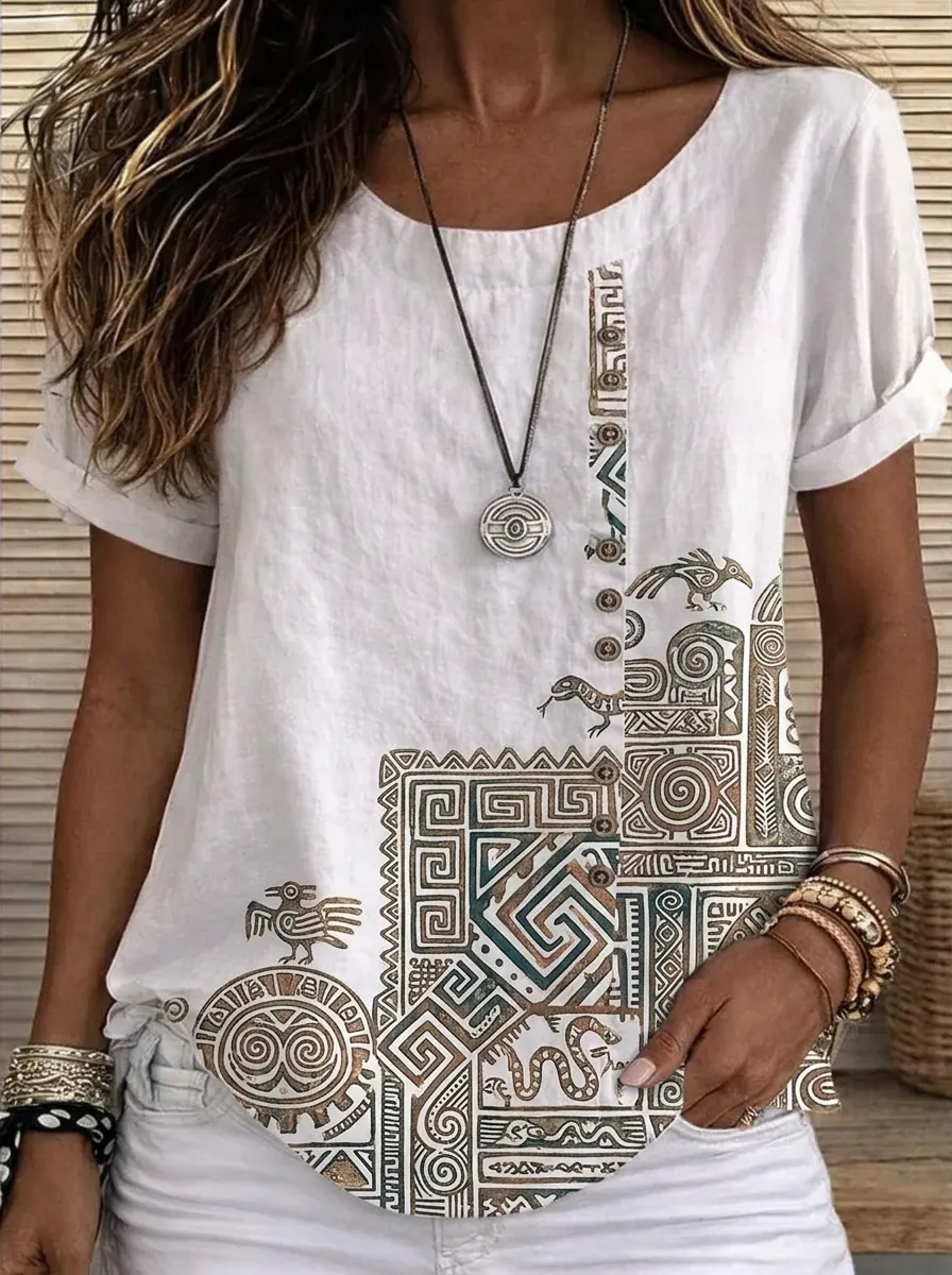 Women's Nashville Tribal Art Geometric Printed Linen Top