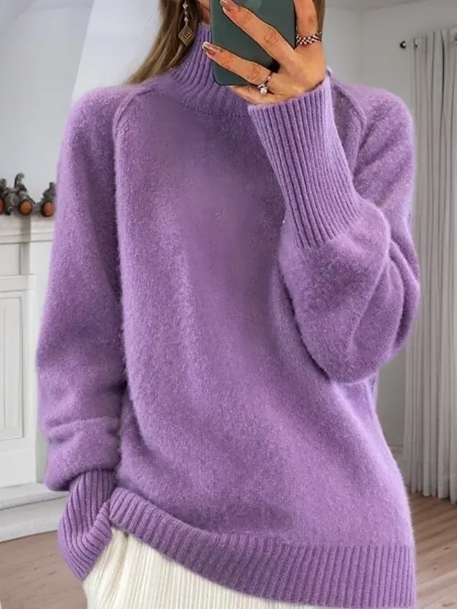 Women's Sweater Pullover Sweater Jumper Turtleneck Knit Knitted Raglan Sleeves Spring Fall Home Daily Holiday Daily Casual Soft Long Sleeve Pure Color White Light Green