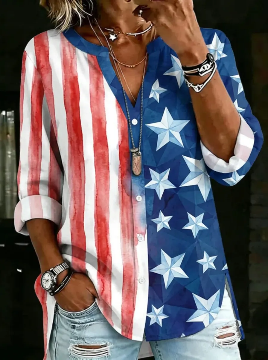 Women's Nashville USA Flag Stars Stripes Printed V-neck Shirt