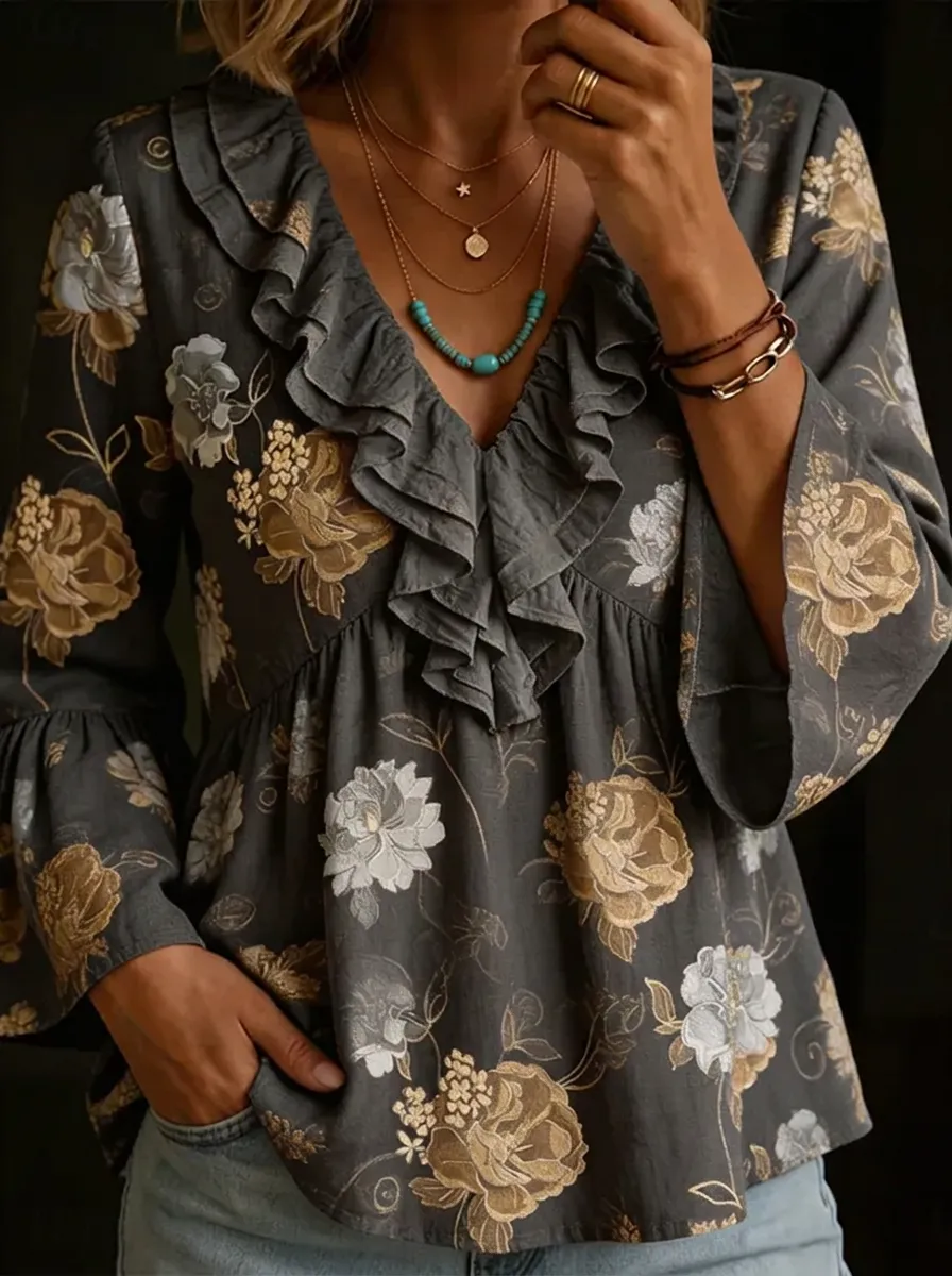 Women's Nashville Floral Ruffle Printed Top