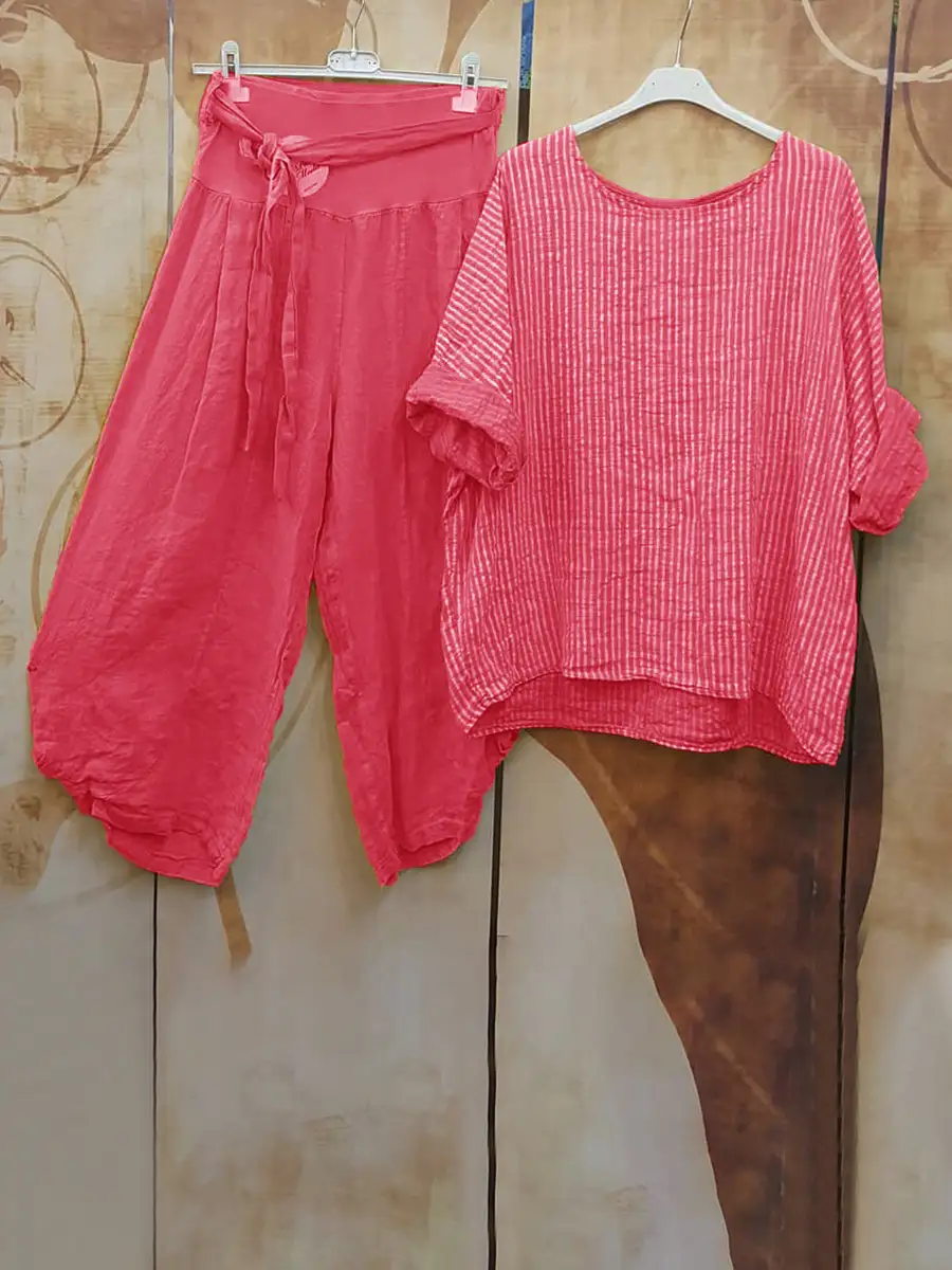 Round Neck Stripe Half Sleeve Top And Pants Set